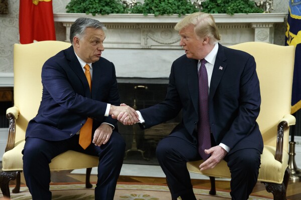 President Donald Trump shakes hands with Hungarian Prime Minister Viktor Orban in the Oval Office of the White House, May 13, 2019, in Washington. (AP Photo/Evan Vucci, File)