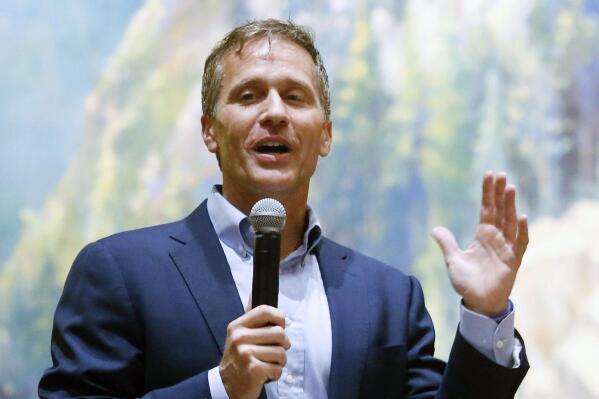 FILE - Former Missouri Gov. Eric Greitens, speaks at the Taney County Lincoln Day event at the Chateau on the Lake in Branson, Mo., April 17, 2021.  The ex-wife of Missouri GOP Senate candidate Eric Greitens has accused him of physical abuse. That's according to an affidavit filed Monday in the former couple's child custody case in Missouri. (Nathan Papes/The Springfield News-Leader via AP, File)
