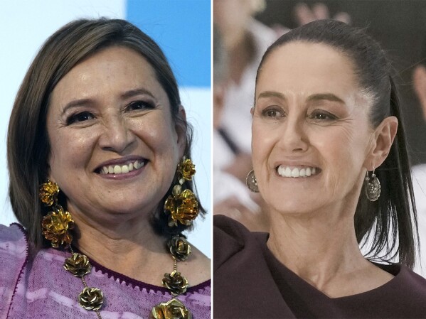 FILE - This combo image shows opposition presidential candidate Xochitl Galvez, left, on July 4, 2023, and presidential frontrunner Claudia Sheinbaum, on May 29, 2024, both in Mexico City. Voters choosing&nbsp;Mexico’s next president will decide on Sunday, June 2, 2024, between Sheinbaum, a former mayor and academic, and Galvez, an ex-senator and tech entrepreneur.&nbsp; A third candidate from a smaller party trails far behind. (AP Photo/File)