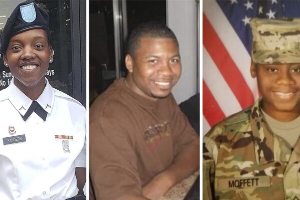 This combination of photos provided by Shawn Sanders, left, and the U.S. Army, center and right, show from left to right, Spc. Kennedy Sanders, Sgt. William Jerome Rivers and Spc. Breonna Alexsondria Moffett. The three U.S. Army Reserve soldiers from Georgia were killed by a drone strike Sunday, Jan. 28, 2024, on their base in Jordan near the Syrian border. (Shawn Sanders and U.S. Army via AP)