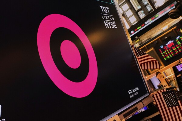The logo for Target is displayed above a trading post on the floor of the New York Stock Exchange, Tuesday, May 20, 2025. (AP Photo/Richard Drew)
