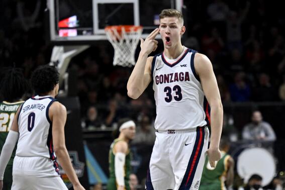 Gonzaga forward Ben Gregg (33) reacts after a 3-point basket against San Francisco during the first half of an NCAA college basketball game in the semifinals of the West Coast Conference men's tournament Monday, March 6, 2023, in Las Vegas. (AP Photo/David Becker)