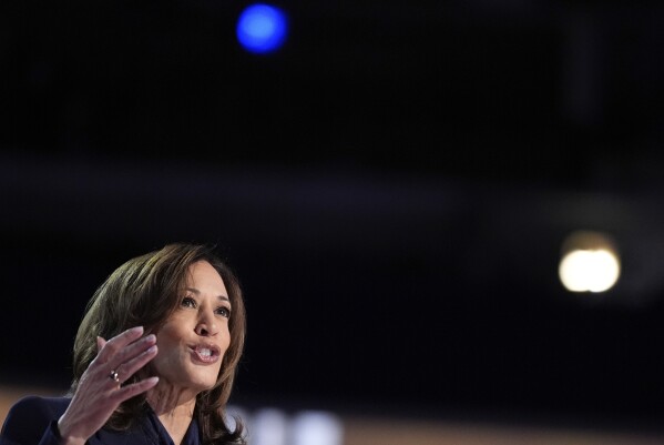 Democratic presidential nominee Vice President Kamala Harris speaks during the Democratic National Convention Thursday, Aug. 22, 2024, in Chicago. (AP Photo/Brynn Anderson)