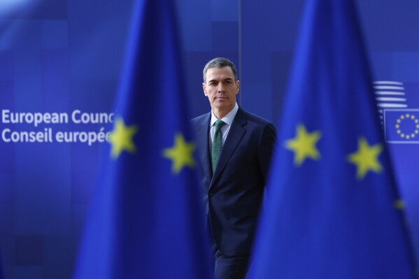 Spain's Prime Minister Pedro Sanchez arrives for an EU Summit at the European Council building in Brussels, Thursday, March 6, 2025. (AP Photo/Omar Havana)