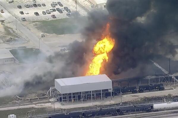 Smoke fills the air from a plant fire in Pasadena, Texas on Wednesday, March 22. 2023. Officials are investigating an explosion and fire at the chemical plant in suburban Houston that injured at least one person. It is not immediately known what caused the blast. (KTRK via AP)