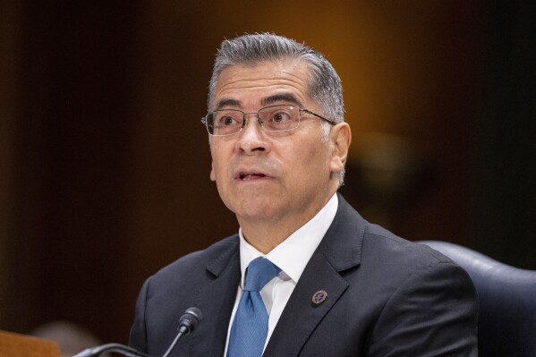 FILE - Health and Human Services Secretary Xavier Becerra testifies during a hearing of the Senate Appropriations Committee on Capitol Hill, Nov. 8, 2023, in Washington. The Biden administration will send Becerra, the nation's top health official, to meet with patients and doctors in Alabama on Tuesday, Feb. 27, 2024, to discuss a controversial court ruling that upended in vitro fertilization treatment, or IVF, in the state. (AP Photo/Alex Brandon, File)