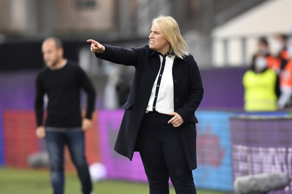 FILE - Chelsea's coach Emma Hayes directs her team during the UEFA Women's Champions League final soccer match between Chelsea FC and FC Barcelona in Gothenburg, Sweden, on May 16, 2021. Hayes says she’s focused on Chelsea and her young son, not the United States women’s national team. Hayes plans to leave the Women’s Super League club after this season and says the reason is to spend more time with her 5-year-old son. She says “this is a selfless decision. (AP Photo/Martin Meissner, File)