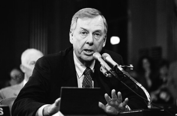 FILE - In this Dec. 20, 1984, file photo, T. Boone Pickens, of Mesa Petroleum, speaks at the Helmsley Palace Hotel in New York. Pickens, who amassed a fortune as an oil tycoon and corporate raider and gave much of it away as a philanthropist, has died. He was 91. Spokesman Jay Rosser confirmed Pickens' death Wednesday, Sept. 11, 2019. (AP Photo/David Pickoff, File)