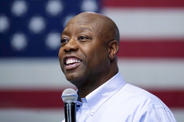FILE - Republican presidential candidate Sen. Tim Scott, R-S.C., speaks during a town hall, May 8, 2023, in Manchester, N.H. At the Faith & Freedom Coalition’s annual conference in Washington, former President Donald Trump will give the keynote address Saturday night. Many of his Republican rivals are set to speak Friday, including Florida Gov. Ron DeSantis, former Vice President Mike Pence, Sen. Tim Scott and former New Jersey Gov. Chris Christie. (AP Photo/Charles Krupa, File)