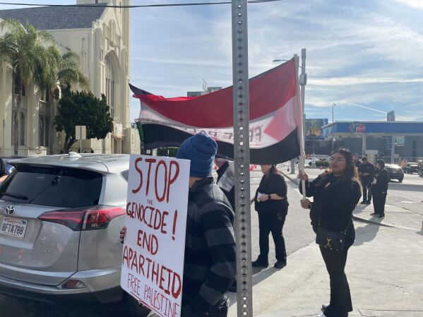 A small demonstration near the site of the Oscars on the morning of Sunday, March 10, 2024 in Los Angeles (AP Photo/Jake Coyle)