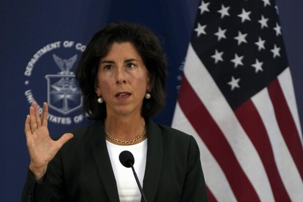 U.S. Commerce Secretary Gina Raimondo speaks during the press conference at the Boeing Shanghai Aviation Service Co., Ltd, in Shanghai, China, Wednesday, Aug. 30, 2023. (AP Photo/Andy Wong, Pool)