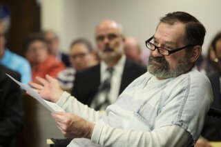 FILE - In this Nov. 15, 2015, file photo, Frazier Glenn Miller Jr. appears in Johnson County District Court in Olathe, Kan. Miller, an avowed anti-Semite who shot three people to death at two suburban Kansas City Jewish sites in 2014 is asking the Kansas Supreme Court to overturn his death sentence, saying he should not have been allowed to represent himself at trial. The appeal from Miller is scheduled to go before the state Supreme Court on Monday, March 29, 2021. He was convicted of one count of capital murder, three counts of attempted murder, and assault and weapons charges in August 2015. (Joe Ledford/The Kansas City Star via AP, Pool, File)