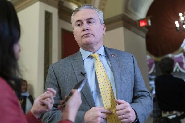 FILE - Rep. James Comer, R-Ky., talks to reporters as he walks to the House chamber, on Capitol Hill in Washington, Jan. 12, 2023. (AP Photo/Jose Luis Magana, File)
