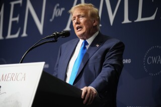 FILE - Former President Donald Trump speaks at a Concerned Women for America Summit at the Capitol Hilton, Friday, Sept. 15, 2023, in Washington. (AP Photo/Andrew Harnik, File)