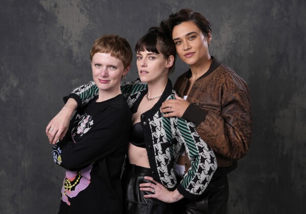 Rose Glass, left, director/co-writer of the film "Love Lies Bleeding," poses with cast members Kristen Stewart, center, and Katy M. O'Brian at the Four Seasons Hotel, Monday, March 4, 2024, in Los Angeles. (AP Photo/Chris Pizzello)