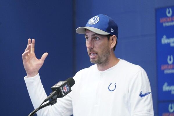 Indianapolis Colts head coach Shane Steichen speaks during a news conference following an NFL football game against the Jacksonville Jaguars Sunday, Sept. 10, 2023, in Indianapolis. The Jaguars won 31-21. (AP Photo/Darron Cummings)