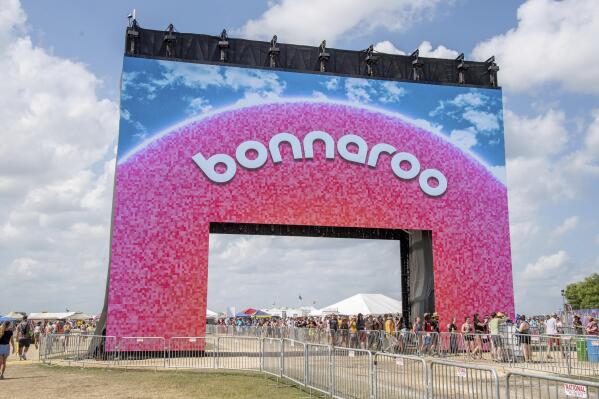 FILE - The Bonnaroo arch appears at the Bonnaroo Music and Arts Festival on June 16, 2019, in Manchester, Tenn.  J. Cole, Tool and Stevie Nicks will headline this year’s festival, which takes place in Manchester, Tenn. and is set to return June 16-19 after a two-year hiatus because of the pandemic and weather. (Photo by Amy Harris/Invision/AP, File)