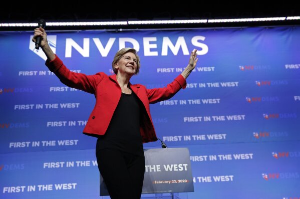 Democratic presidential candidate Sen. Elizabeth Warren, D-Mass., speaks during a fundraiser for the Nevada Democratic Party, Sunday, Nov. 17, 2019, in Las Vegas. (AP Photo/John Locher)