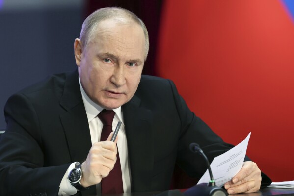 FILE - Russian President Vladimir Putin speaks at the annual meeting of Russian Interior Ministry Board in Moscow on April 2, 2024. After securing another term in a preordained election in March, Putin vowed to extend Moscow's gains in Ukraine to carve out a 