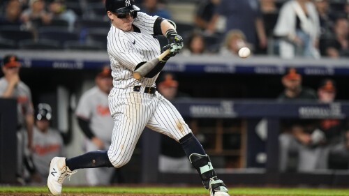 New York Yankees' Harrison Bader hits a three-run home run during the eighth inning of a baseball game against the Baltimore Orioles, Monday, July 3, 2023, in New York. (AP Photo/Frank Franklin II)