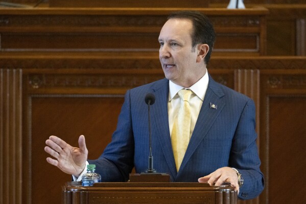 Louisiana Gov. Jeff Landry addresses members of the House and Senate on opening day of a legislative special session focusing on crime, Monday, Feb. 19, 2024, in the House Chamber at the State Capitol in Baton Rouge, La. (Hilary Scheinuk/The Advocate via AP)
