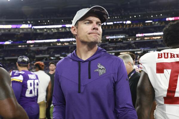 Minnesota Vikings head coach Kevin O'Connell walks off the field after a preseason NFL football game against the San Francisco 49ers, Saturday, Aug. 20, 2022, in Minneapolis. (AP Photo/Abbie Parr)