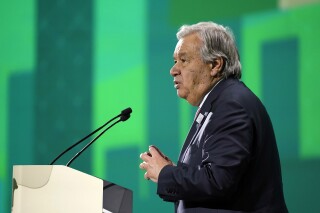 United Nations Secretary-General Antonio Guterres speaks during a session at the COP28 U.N. Climate Summit, Friday, Dec. 1, 2023, in Dubai, United Arab Emirates. (AP Photo/Joshua A. Bickel)