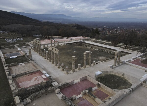 The Palace of Aigai, built more than 2,300 years ago during the reign of Alexander the Great's father, is seen from above after it was fully reopened in ancient Aigai, some 65 kilometers (40 miles) southwest of the port city of Thessaloniki, northern Greece, on Friday, Jan. 5, 2024. It was the largest building of classical Greece: The palace where Alexander the Great was proclaimed king before he launched a conquest that took him as far as modern-day Afghanistan. (AP Photo/Giannis Papanikos)