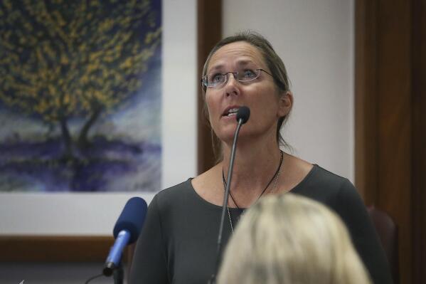 Scarlett Lewis, mother of 6-year-old Sandy Hook shooting victim Jesse Lewis, testifies against Alex Jones Tuesday Aug. 2, 2022, at the Travis County Courthouse in Austin.  Jones has been found to have defamed the parents of a Sandy Hook student for calling the attack a hoax. (Briana Sanchez/Austin American-Statesman via AP, Pool)