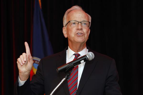 FILE - U.S. Sen. Jerry Moran gives a victory speech at an election party in Overland Park, Kan., Nov. 8, 2022. Someone scammed Sen. Moran's reelection campaign out of $690,000 by getting the Kansas Republican's accounting firm to wire the money to fraudulent bank accounts, his office said Monday, Jan. 23, 2023. (AP Photo/Colin E. Braley, file)