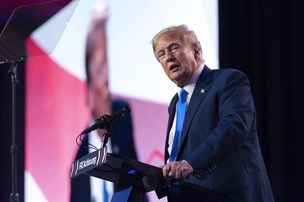 FILE - Former President Donald Trump speaks during the Pray Vote Stand Summit, Friday, Sept. 15, 2023, in Washington. Former President Donald Trump repeatedly declined in an interview aired Sunday to answer questions about whether he watched the Capitol riot unfold on television, saying he would “tell people later at an appropriate time.” (AP Photo/Jose Luis Magana, File)