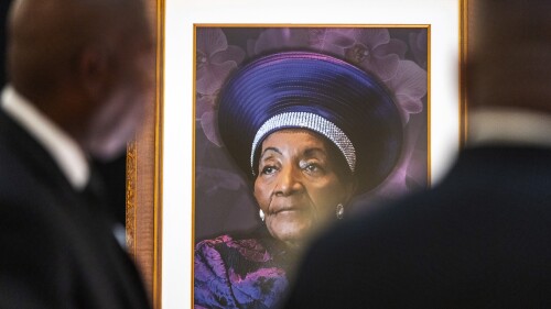A portrait honoring teacher and civil rights activist Christine King Farris, Martin Luther King Jr.'s sister, is seen in the rotunda of the Capitol in Atlanta, Friday, July 14, 2023, where Farris lies in state. (Arvin Temkar/Atlanta Journal-Constitution via AP)
