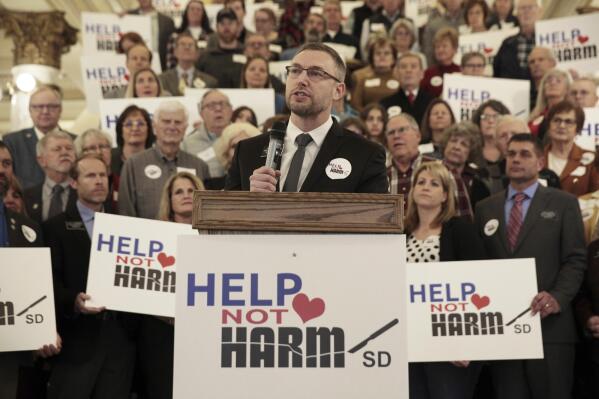 FILE - South Dakota Republican Rep. Jon Hansen speaks during a news conference at the state Capitol, Tuesday, Jan. 17, 2023, in Pierre, S.D. Hansen is pushing a bill to outlaw gender-affirming health care for transgender youth. (AP Photo/Stephen Groves, File)