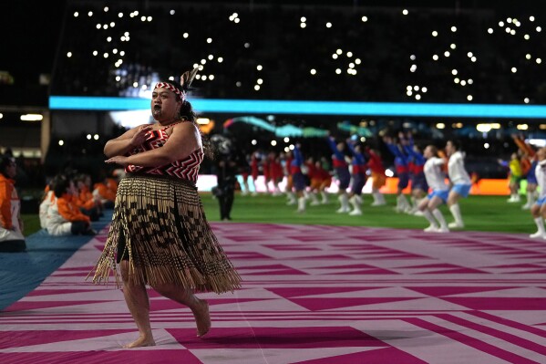 Dancers perform during the opening ceremony ahead of the Women's World Cup soccer match between New Zealand and Norway in Auckland, New Zealand, Thursday, July 20, 2023. (AP Photo/Abbie Parr)