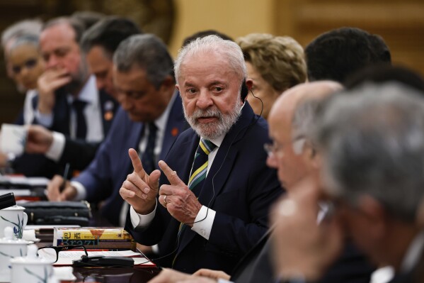 Brazil'sl President Luiz Inacio Lula da Silva attends a meeting with Chinese President Xi Jinping (not pictured) at the Great Hall of the People in Beijing, China, Tuesday, May 13, 2025. (Tingshu Wang/Pool Photo via AP)