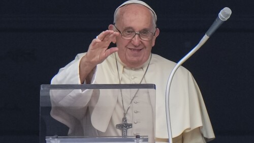 Pope Francis appears at his studio's window overlooking St. Peter's Square at The Vatican on St. Peter and Paul's Day, Thursday, June 29, 2023. (AP Photo/Andrew Medichini)