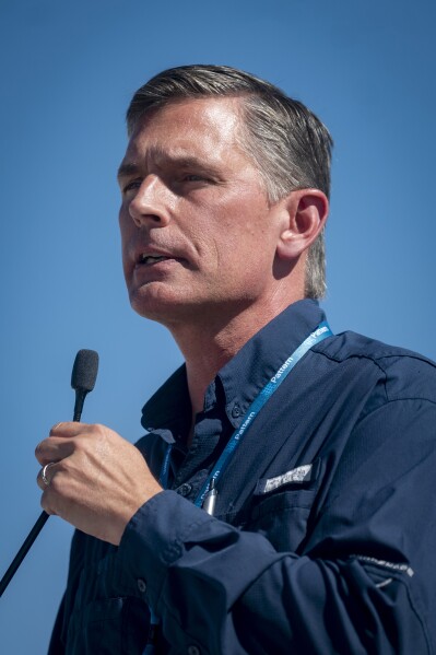 U.S. Sen. Martin Henrich, speaks during a ground breaking ceremony for the new SunZia transmission line project in Corona, N.M., on Friday, Sept. 1, 2023. (Jon Austria/The Albuquerque Journal via AP)