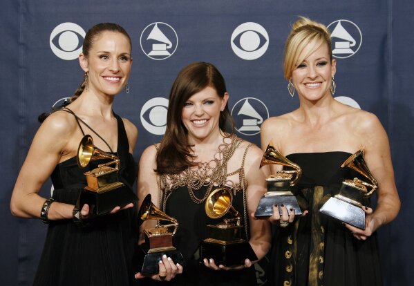 FILE - In this Feb. 11, 2007 file photo, musicians Emily Robison, left, Natalie Maines, center, and Martie Maguire of the group The Dixie Chicks pose with their awards for song of the year, for record of the year, for album of the year, for best country album, and for best country performance at the 49th Annual Grammy Awards in Los Angeles. The group have dropped the word dixie from their name and are now going by The Chicks. The move follows a decision by country group Lady Antebellum to change to Lady A after acknowledging the word's association to slavery. (AP Photo/Kevork Djansezian, File)