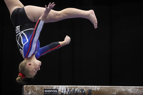 FILE - Joscelyn Roberson competes on the beam during the U.S. Gymnastics Championships Friday, Aug. 19, 2022, in Tampa, Fla. Roberson will compete in this week's U.S. Championships hoping to earn a spot on the world championship team this fall. (AP Photo/Mike Carlson, File)