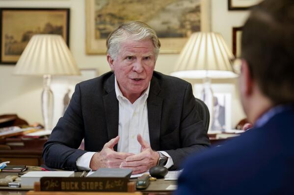 Cyrus Vance Jr., Manhattan District Attorney, is interviewed in his office, Tuesday, Nov. 30, 2021, in New York. Fellow Democrat Alvin Bragg takes over the office Jan. 1. (AP Photo/John Minchillo)