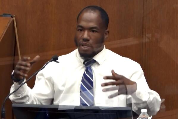 FILE - In this image from video, witness Donald Williams answers questions, March 29, 2021, at the Hennepin County Courthouse in Minneapolis during the trial of former Minneapolis Police Officer Derek Chauvin in connection with the May 25, 2020, death of George Floyd. Williams, who watched as Chauvin knelt on Floyd's neck for more than nine minutes, killing him, sued the city on Tuesday, May 16, 2023, alleging he suffered emotional distress and was assaulted. (Court TV via AP, Pool, File)