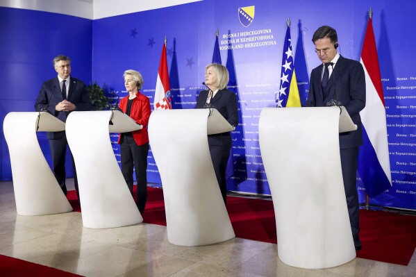 The President of the Council of Ministers of Bosnia and Herzegovina, Borjana Kristo, 2nd right, speaks during a joint press conference with the Prime Minister of the Croatia, Andrej Plenkovic, left, European Commission President Ursula von der Leyen, 2nd left, and the Prime Minister of the Netherlands, Mark Rutte, after their meeting in Sarajevo, Bosnia, Tuesday, Jan. 23, 2024. (AP Photo/Armin Durgut)