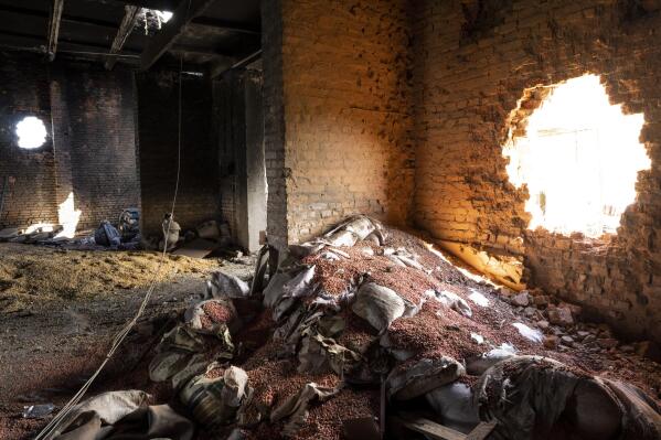 FILE - Scattered grain sits inside a warehouse damaged by Russian attacks in Cherkaska Lozova, outskirts of Kharkiv, eastern Ukraine, May 28, 2022. Russia and Turkey voiced support Wednesday, June 8, 2022, for the creation of a safe maritime corridor in the Black Sea so Ukraine can export grain to global markets amid an escalating world food crisis. But Russia demanded that the Black Sea be demined and Turkey said allowing the Ukraine exports should be accompanied by easing Western sanctions against Russia. (AP Photo/Bernat Armangue, File)