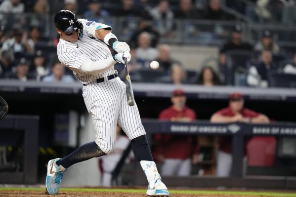 New York Yankees' Aaron Judge hits a home run against the Arizona Diamondbacks during the seventh inning of a baseball game Friday, Sept. 22, 2023, in New York. (AP Photo/Frank Franklin II)