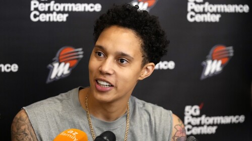 Phoenix Mercury WNBA basketball All-Star center Brittney Griner speaks about recent events, the struggling Mercury team, and the new Mercury interim head coach during a news conference Monday, June 26, 2023, in Phoenix. (AP Photo/Ross D. Franklin)