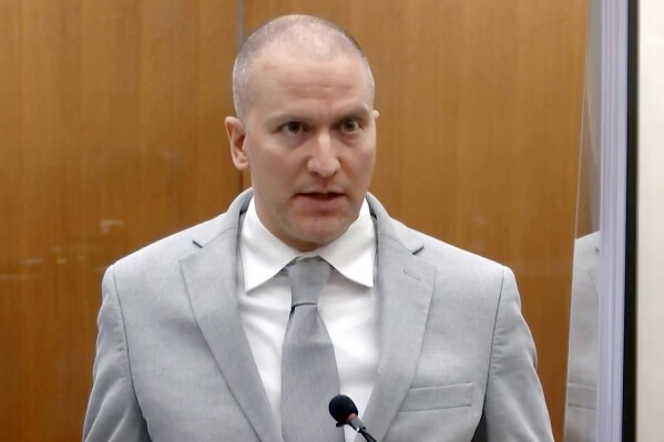 FILE - In this image taken from video, former Minneapolis Police Officer Derek Chauvin addresses the court at the Hennepin County Courthouse, June 25, 2021, in Minneapolis. A former employee sued the city of Minneapolis on Tuesday, May 21, 2024, alleging Chauvin injured her when he hauled her from her minivan and pinned her to the ground with his knee for several minutes in January 2020, “just as he would later do to snuff the life out of George Floyd.” (Court TV via AP, Pool, File)