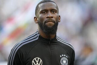 FILE - Germany's Antonio Ruediger is pictured during the UEFA Nations League soccer match between Germany and Italy in Moenchengladbach, Germany, on June 14, 2022. Germany defender Antonio Rüdiger and the German soccer federation are taking legal action against a former tabloid editor for suggesting the player’s Ramadan greeting is a show of support for terrorist group Islamic State. (AP Photo/Martin Meissner, File)