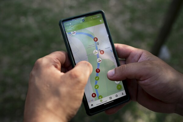 A volunteer uses his phone to look at the reported rubbish dumps on the banks of the Tisza River while attending the Plastic Cup event near Tiszaroff, Hungary, Wednesday, Aug. 2, 2023.  (AP Photo/Denes Erdos)