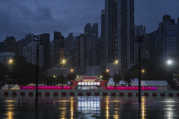 A Pro-Beijing market at the Victoria Park, the city's venue for the annual 1989 Tiananmen massacre vigil, on the 36th anniversary of China's Tiananmen Square crackdown, in Hong Kong, Wednesday, June 4, 2025. (AP Photo/Chan Long Hei)