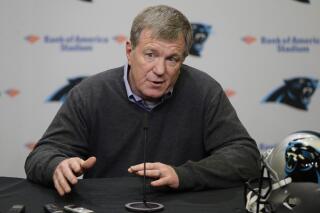 FILE - In this April 17, 2019, file photo, Carolina Panthers general manager Marty Hurney speaks to the media in Charlotte, N.C. The Panthers have fired Hurney after the team lost eight of its last nine games and failed to make the playoffs for a third straight season. Hurney’s contract was set to expire after the season. (AP Photo/Chuck Burton, File)